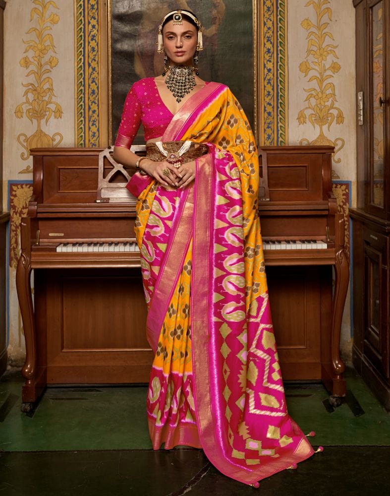 Collection of Mustard and Pink Ikat Print Dola Silk Saree in a gallery layout