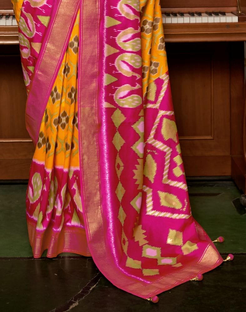 Collection of Mustard and Pink Ikat Print Dola Silk Saree in a gallery layout