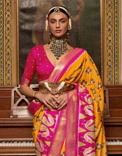 Collection of Mustard and Pink Ikat Print Dola Silk Saree in a gallery layout