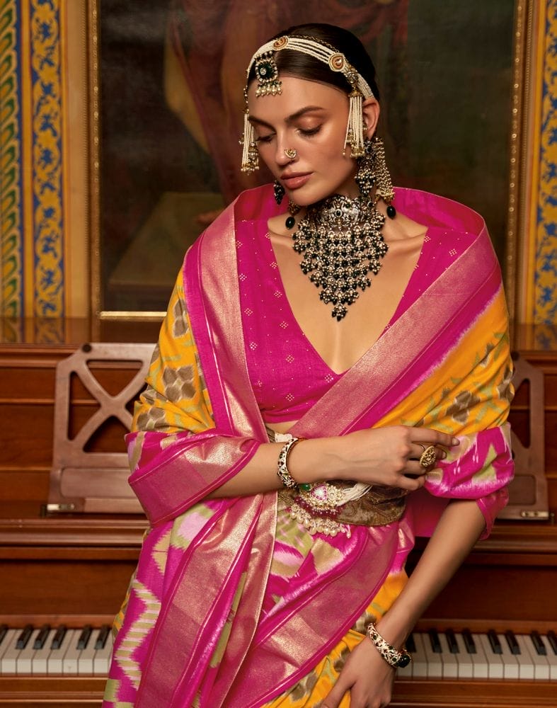 Collection of Mustard and Pink Ikat Print Dola Silk Saree in a gallery layout