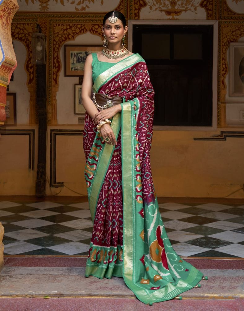 Collection of Beautiful Maroon Colour Ikat Print Dola Silk Saree in a gallery layout