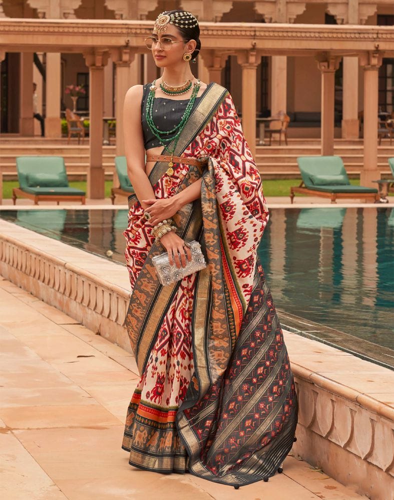 Off White Ikat Print Patola Silk Saree