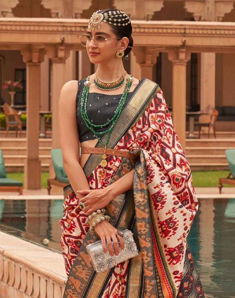 Off White Ikat Print Patola Silk Saree