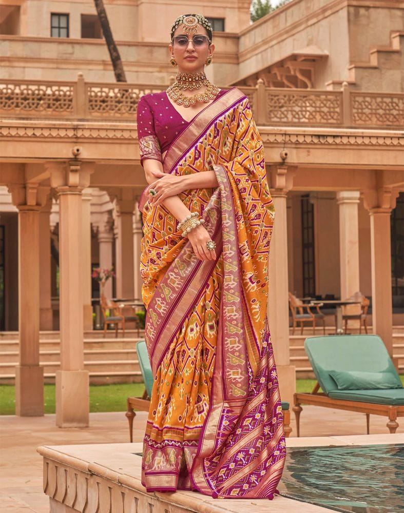 Collection of Mustard and Pink Ikat Print Patola Silk Saree in a gallery layout