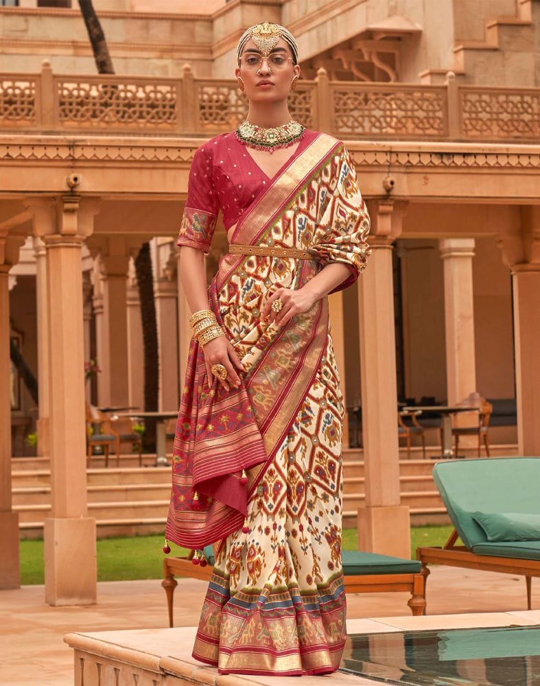 Collection of Ikat Print Cream Colour Patola Silk Saree in a gallery layout