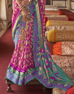 Collection of Pink Ikat Print Pattern smooth Dola Silk Saree in a gallery layout