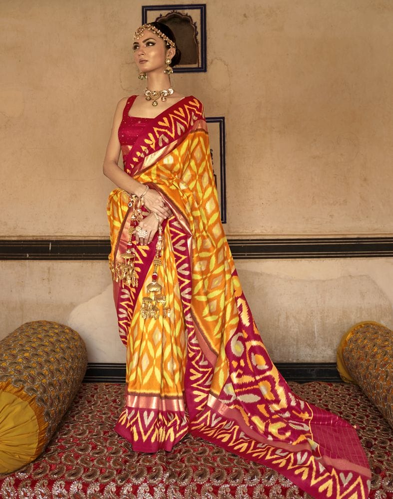 Mustard and Red Ikat Print Soft Dola Silk Saree