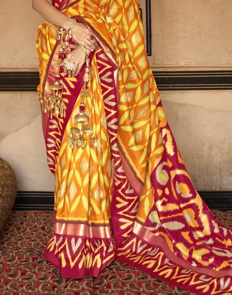 Collection of Mustard and Red Ikat Print Soft Dola Silk Saree in a gallery layout