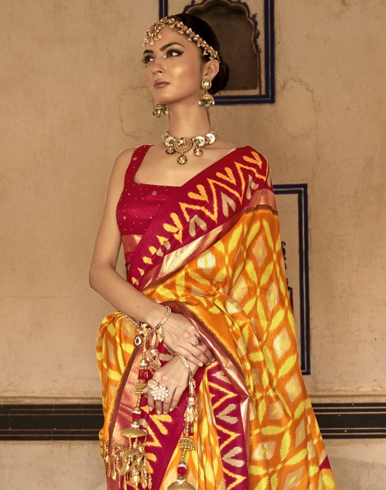 Mustard and Red Ikat Print Soft Dola Silk Saree