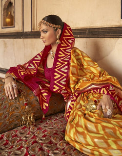 Collection of Mustard and Red Ikat Print Soft Dola Silk Saree in a gallery layout