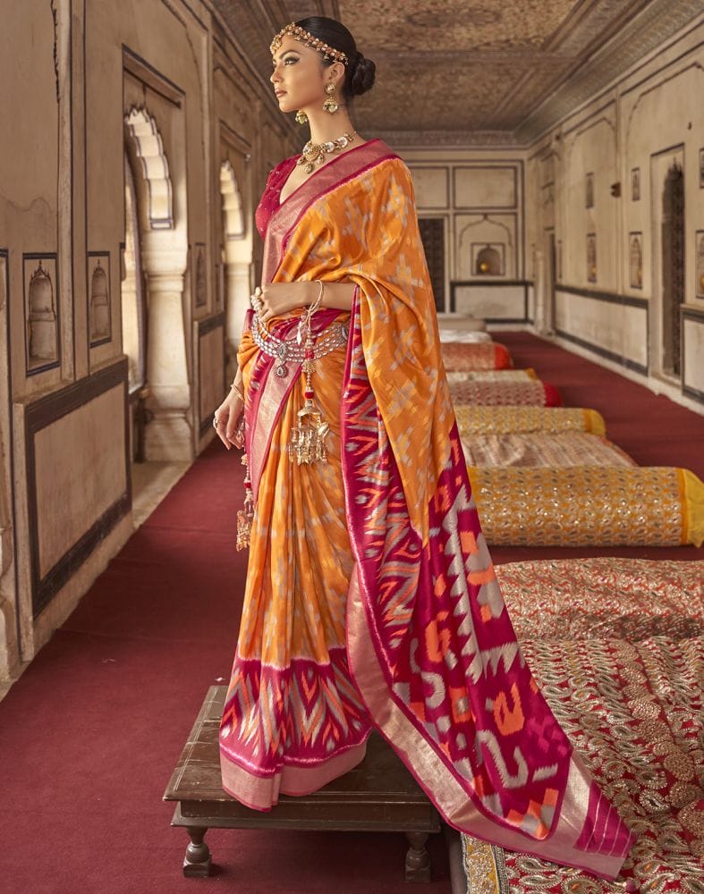 Collection of Mustard Ikat Print Soft smooth Dola Silk Saree in a gallery layout