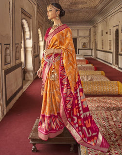 Collection of Mustard Ikat Print Soft smooth Dola Silk Saree in a gallery layout