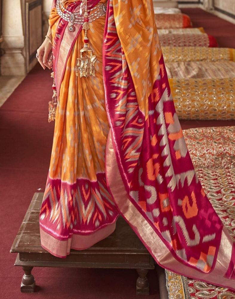 Collection of Mustard Ikat Print Soft smooth Dola Silk Saree in a gallery layout