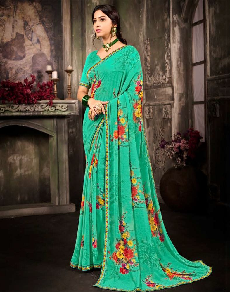 Sea Green Floral Mirror Work Chiffon Saree