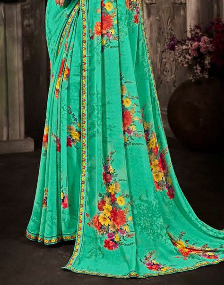 Sea Green Floral Mirror Work Chiffon Saree