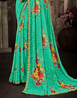 Collection of Sea Green Floral Mirror Work Chiffon Saree in a gallery layout