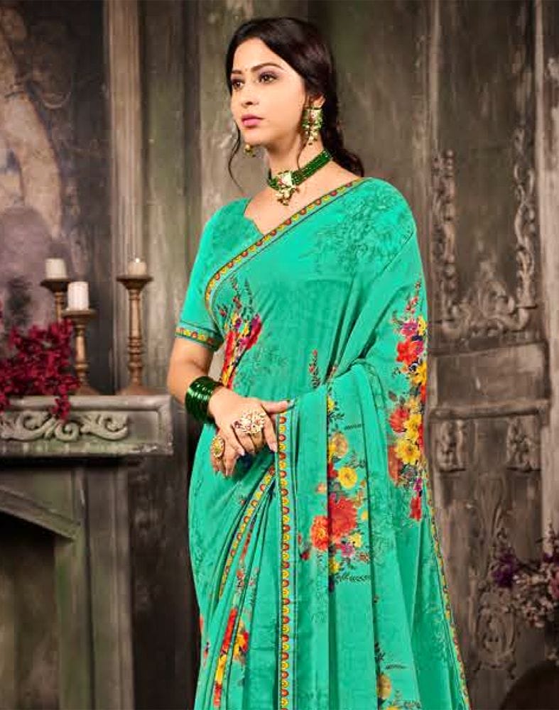 Sea Green Floral Mirror Work Chiffon Saree