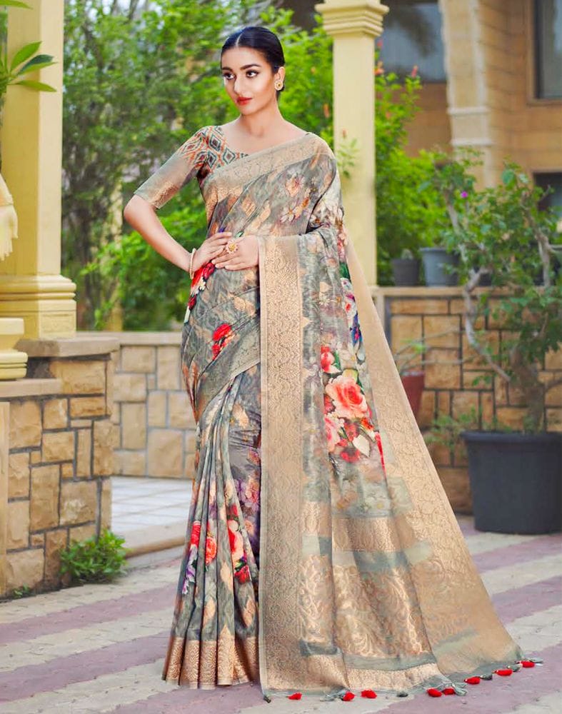 Collection of Grey Digital Floral Print Lenin Jute Saree in a gallery layout