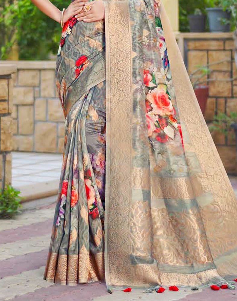 Collection of Grey Digital Floral Print Lenin Jute Saree in a gallery layout