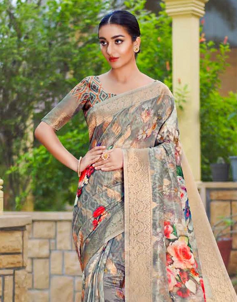 Grey Digital Floral Print Lenin Jute Saree