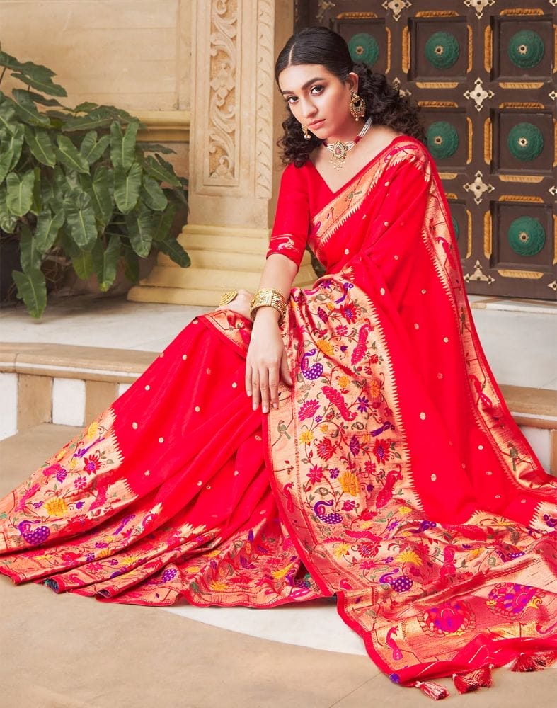 Collection of Red Coloured Plain Banaras Fancy Saree in a gallery layout