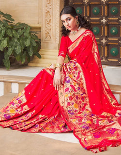 Collection of Red Coloured Plain Banaras Fancy Saree in a gallery layout