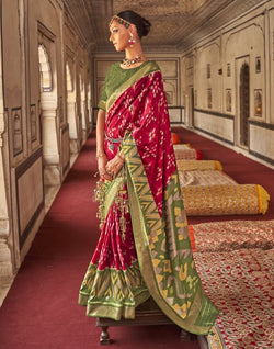 Collection of Maroon Ikat Print Soft Dola Silk Fabric Saree in a gallery layout