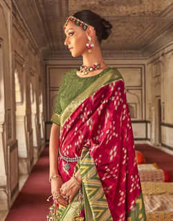 Collection of Maroon Ikat Print Soft Dola Silk Fabric Saree in a gallery layout