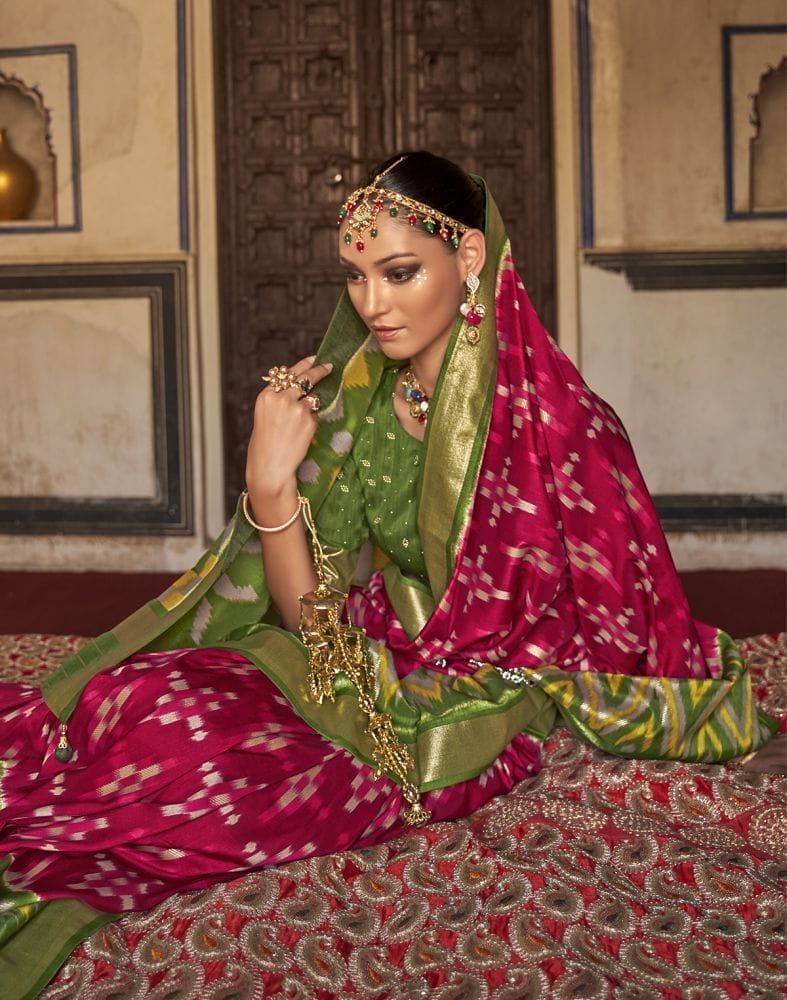 Collection of Maroon Ikat Print Soft Dola Silk Fabric Saree in a gallery layout