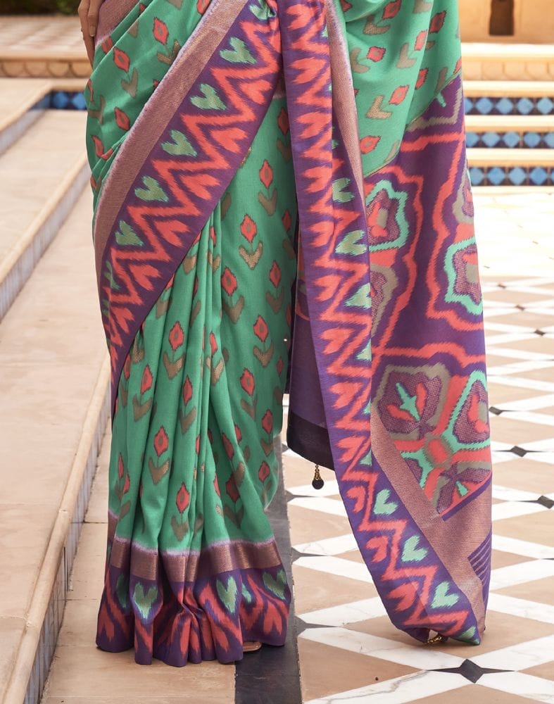 Collection of Beautiful Green Geometric Print Dola Silk Saree in a gallery layout