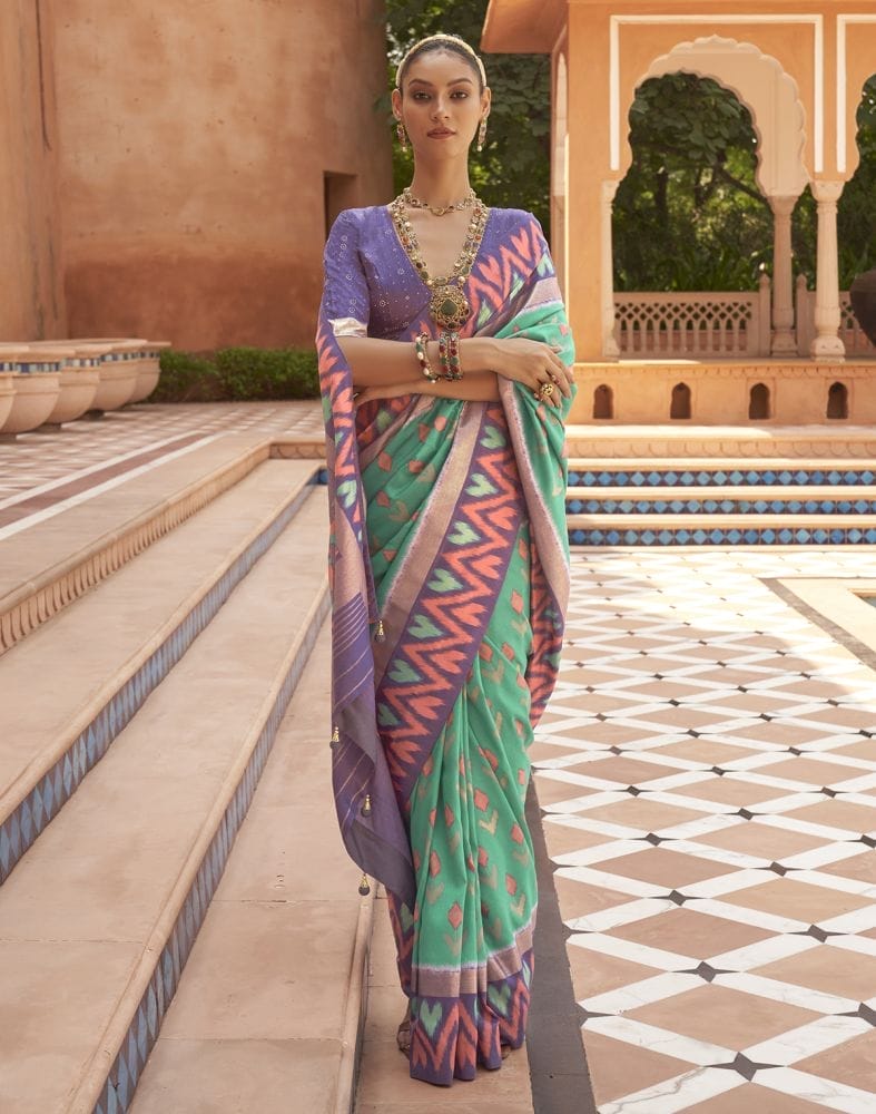 Collection of Beautiful Green Geometric Print Dola Silk Saree in a gallery layout