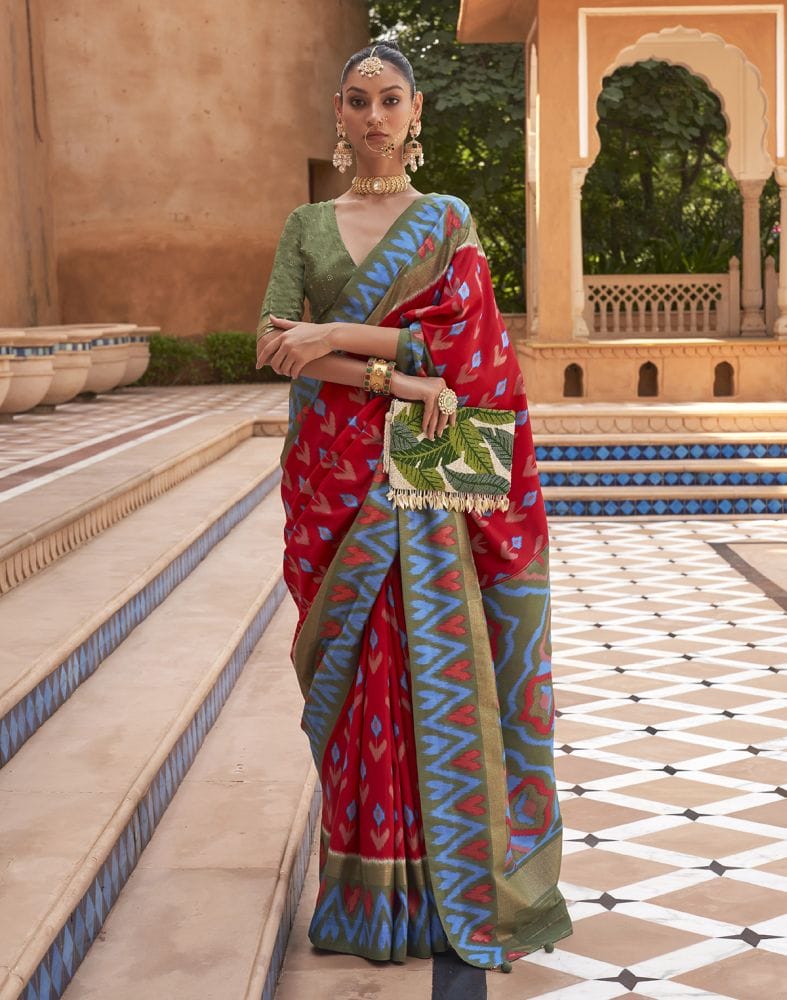 Collection of Red and Green Ikat Print Dola Silk Saree in a gallery layout