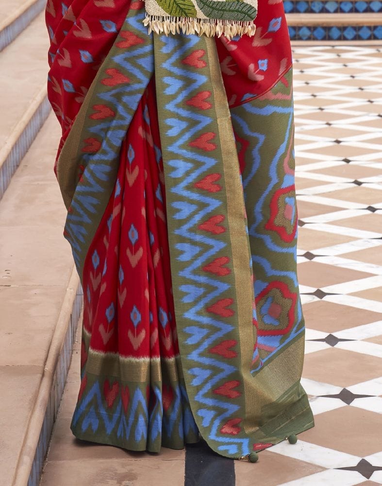 Collection of Red and Green Ikat Print Dola Silk Saree in a gallery layout