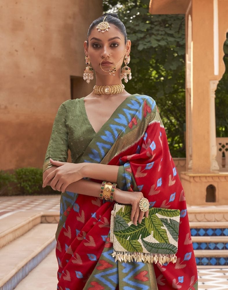 Collection of Red and Green Ikat Print Dola Silk Saree in a gallery layout