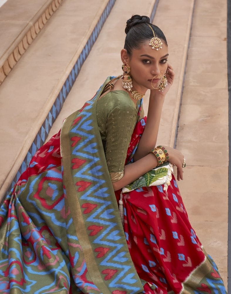 Red and Green Ikat Print Dola Silk Saree