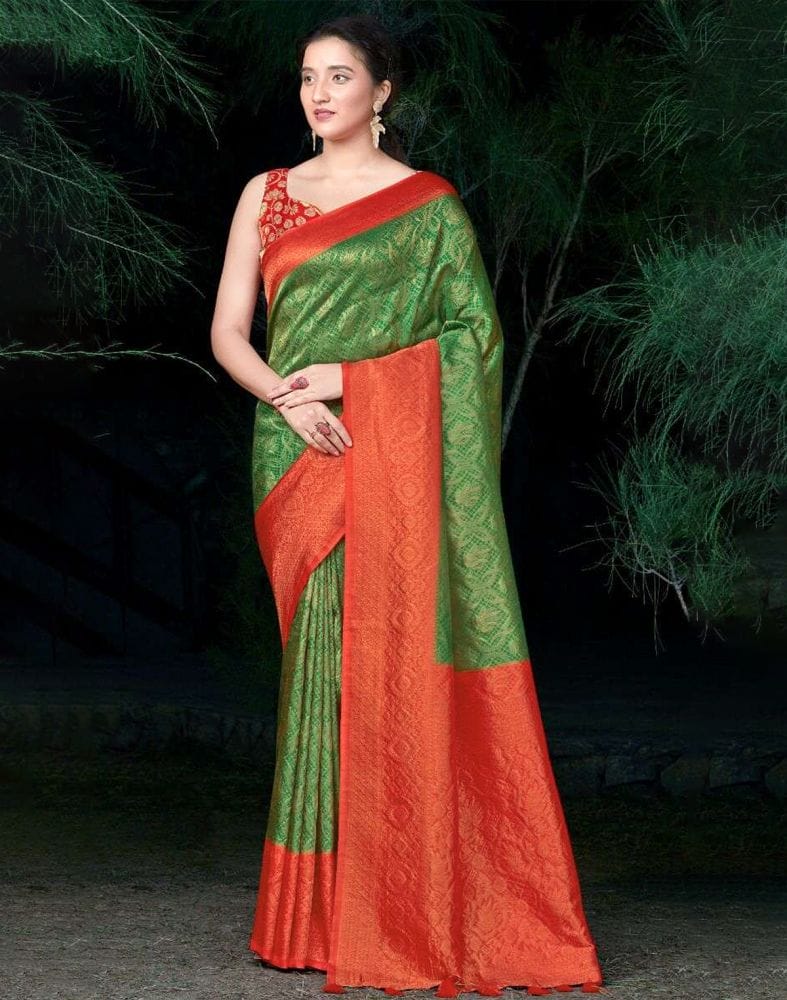 Collection of Soft Silk Green Coloured Botanical Weave Saree in a gallery layout