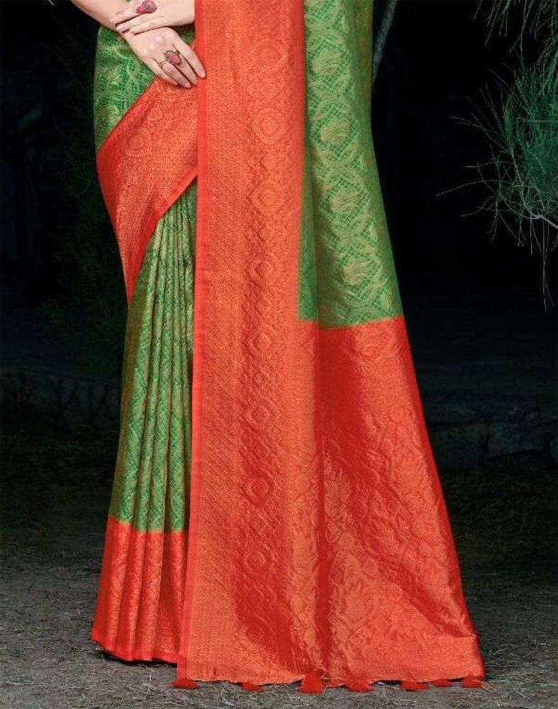 Collection of Soft Silk Green Coloured Botanical Weave Saree in a gallery layout