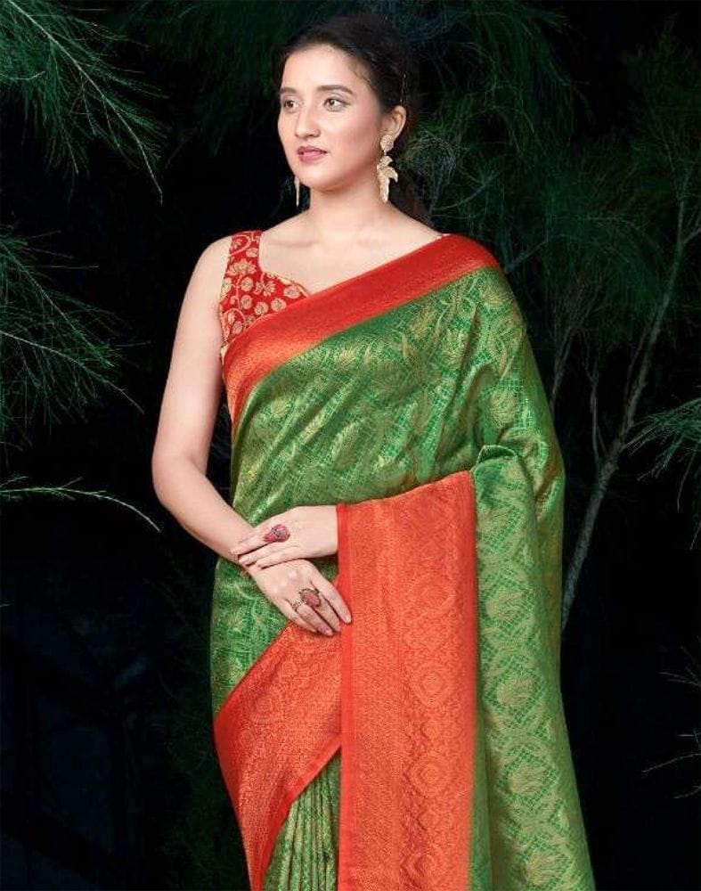 Collection of Soft Silk Green Coloured Botanical Weave Saree in a gallery layout