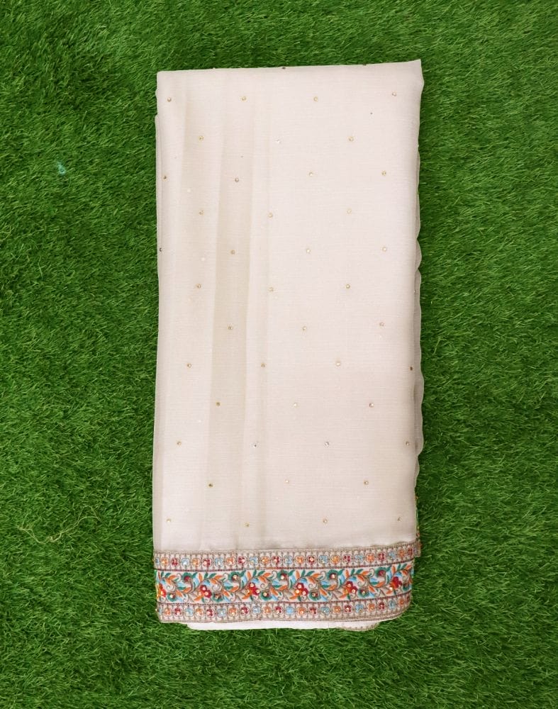 Cream Plain Chiffon Stones studded Saree