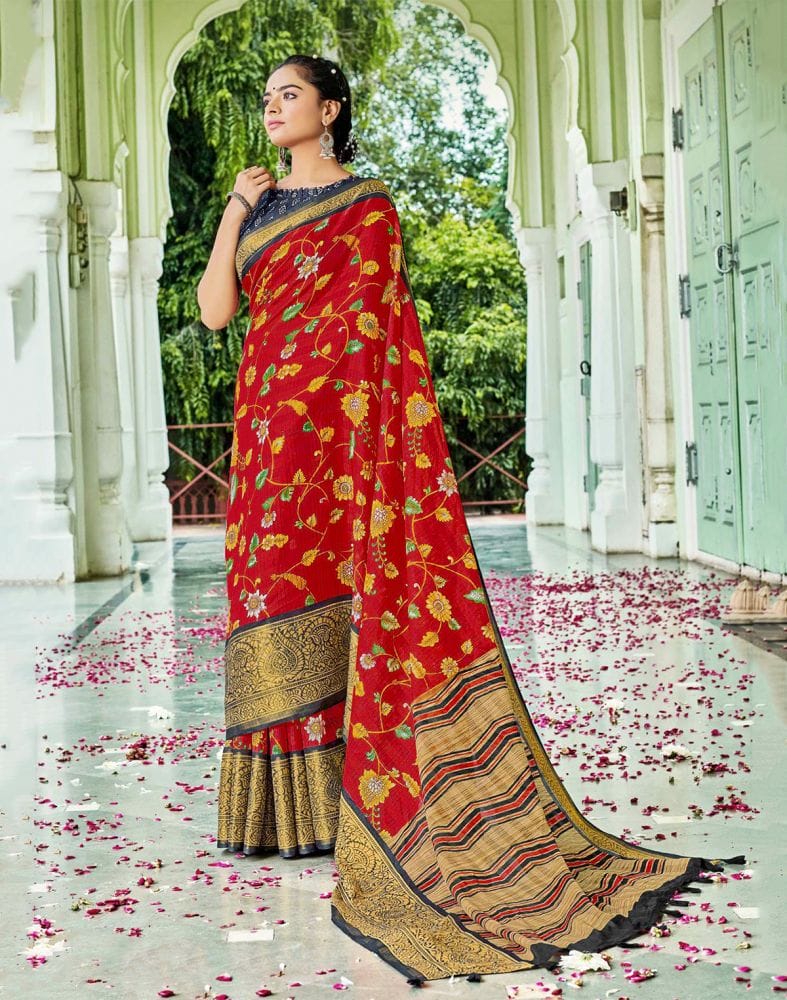 Red Floral Pattern Printed Cotton Silk Saree