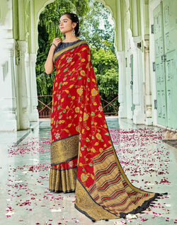 Collection of Red Floral Pattern Printed Cotton Silk Saree in a gallery layout