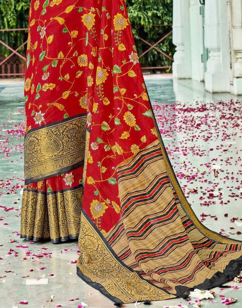 Red Floral Pattern Printed Cotton Silk Saree