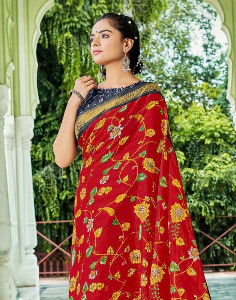 Red Floral Pattern Printed Cotton Silk Saree