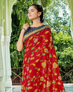 Collection of Red Floral Pattern Printed Cotton Silk Saree in a gallery layout