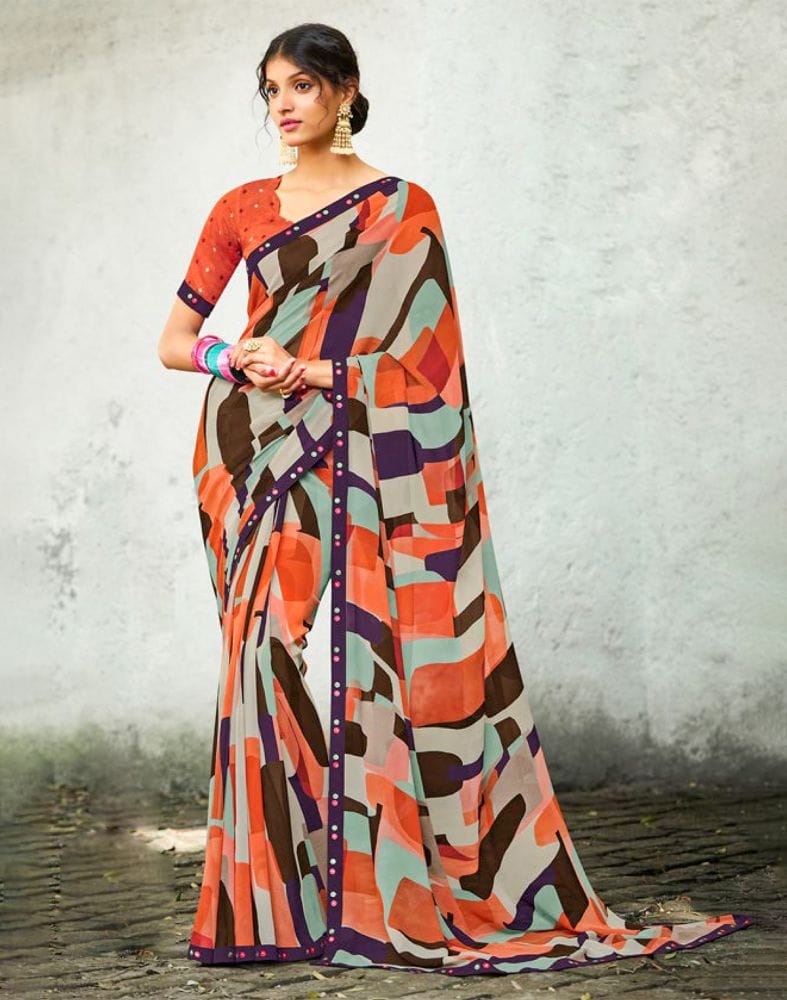 Multi Color Graphic Print Chiffon Fabric Saree