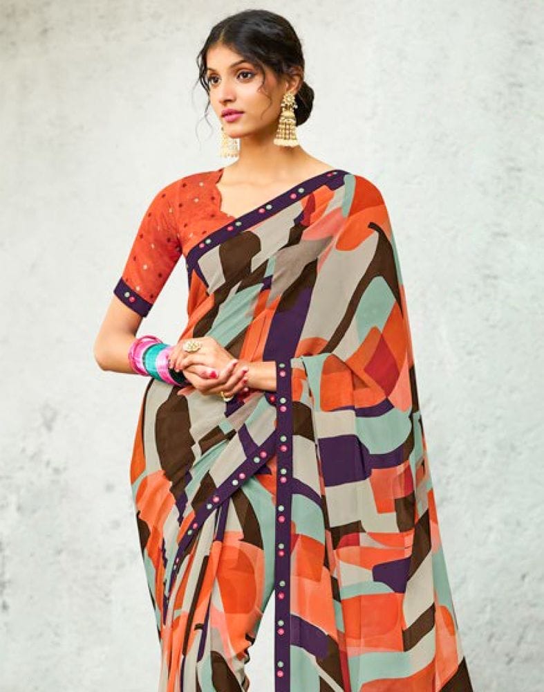 Collection of Multi Color Graphic Print Chiffon Fabric Saree in a gallery layout