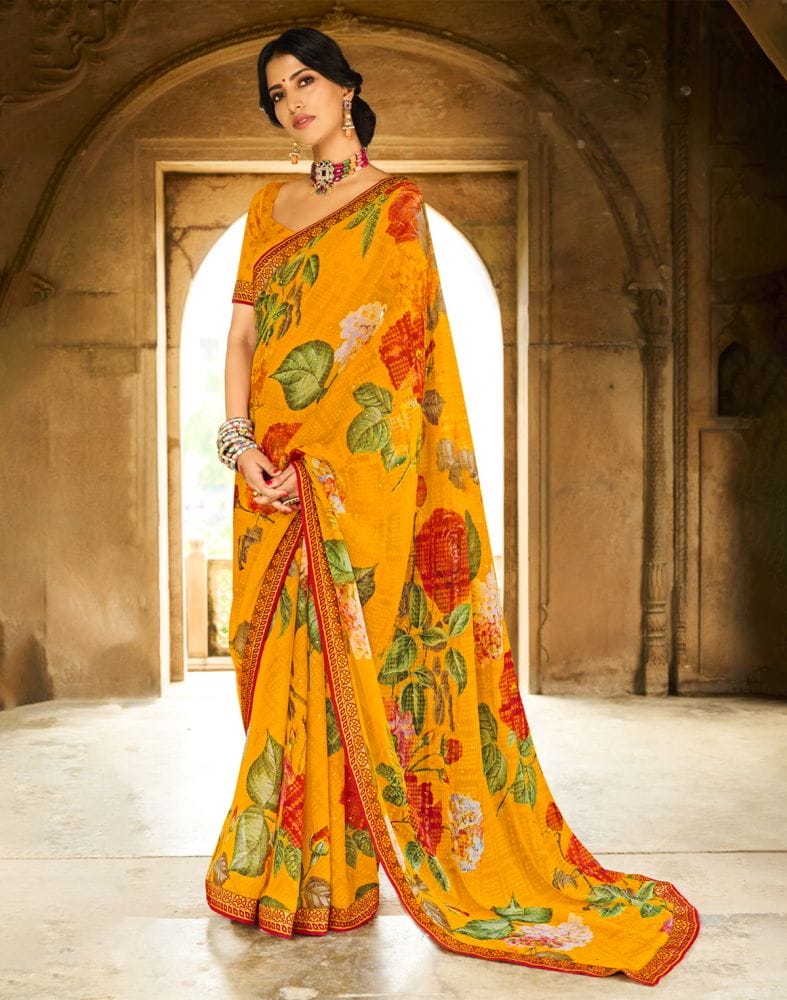 Collection of Yellow Coloured Floral Pattern Print Chiffon Saree in a gallery layout