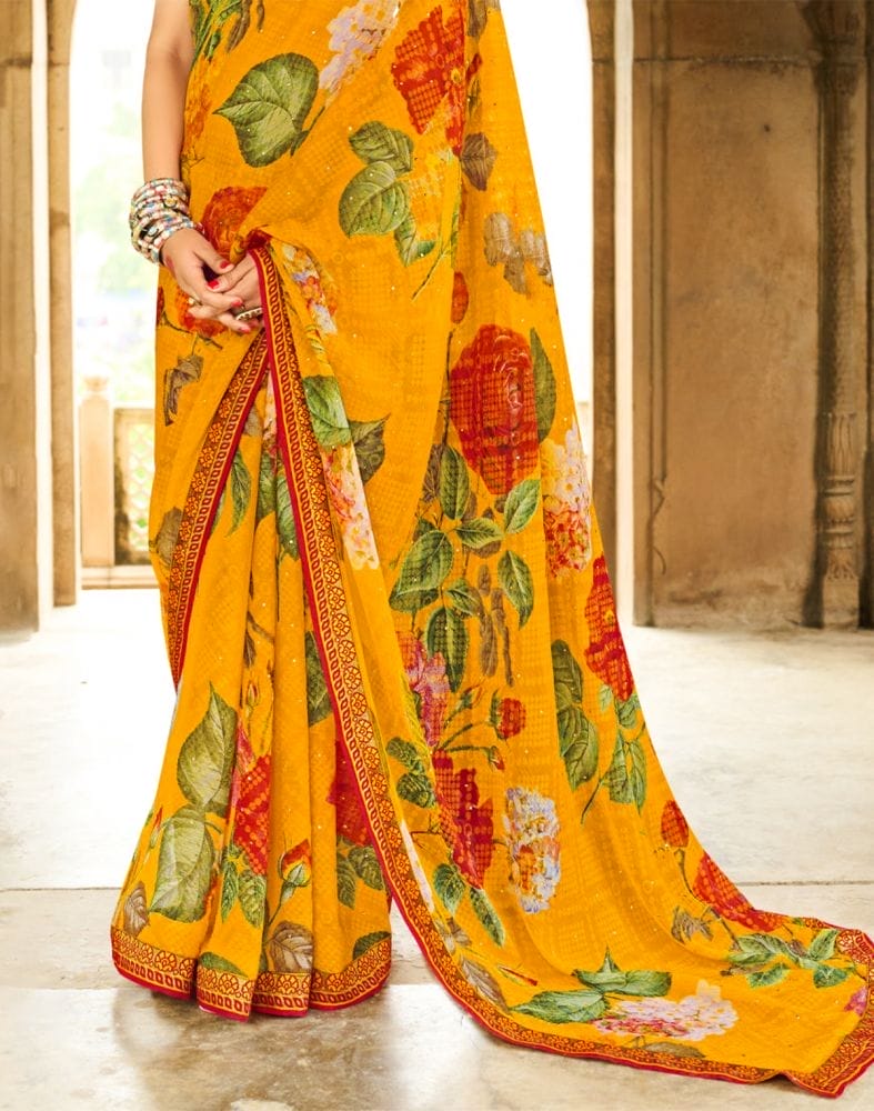 Yellow Coloured Floral Pattern Print Chiffon Saree