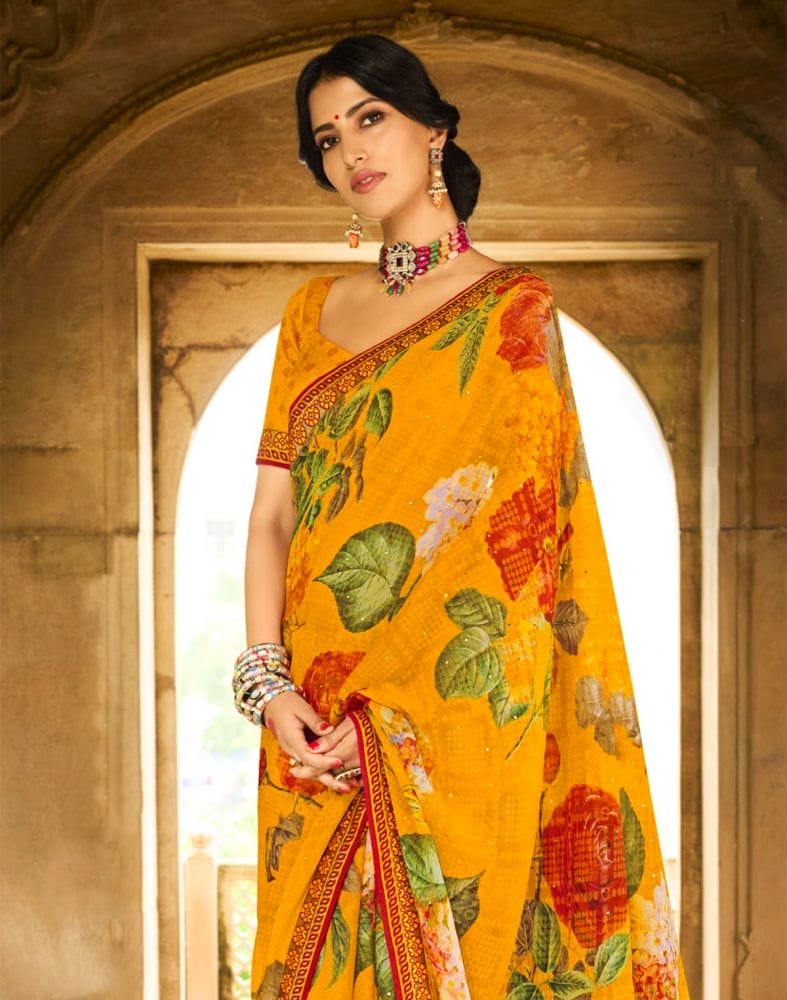 Collection of Yellow Coloured Floral Pattern Print Chiffon Saree in a gallery layout