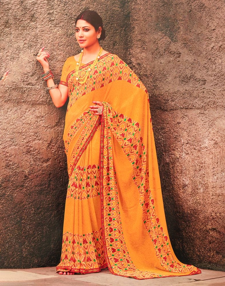 Mustard Coloured Geometric Print Chiffon Saree